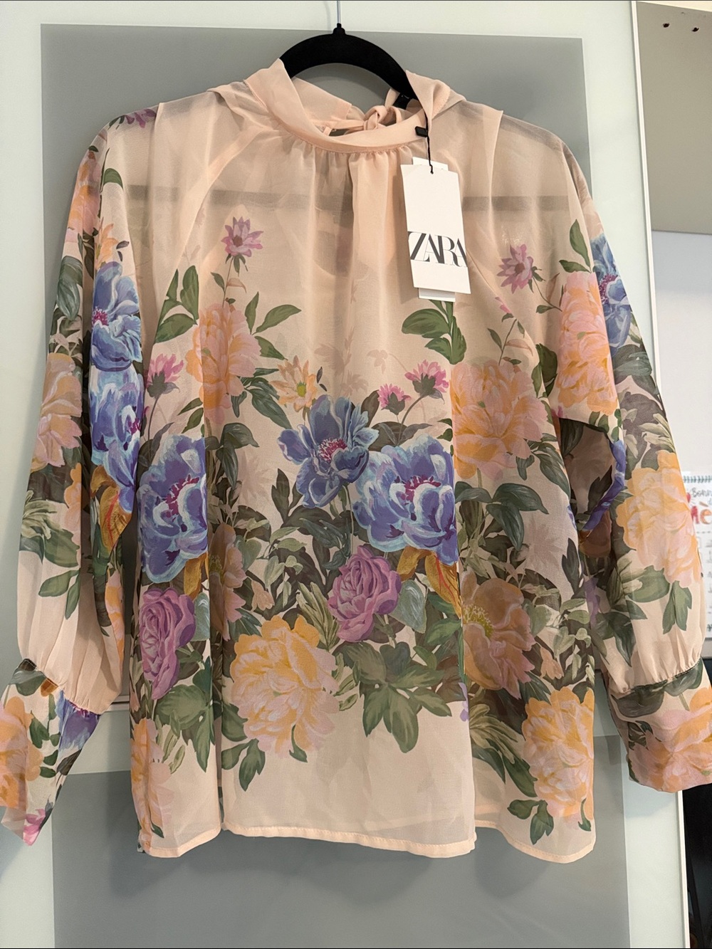 ZARA Sheer Floral Blouse in Blush Pink with Multicolor Bloom XS